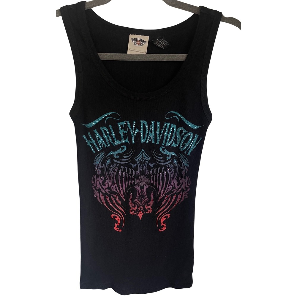 Harley-Davidson Y2K Womens Blk Ribbed Rhinestone Tank Top Small Made in USA